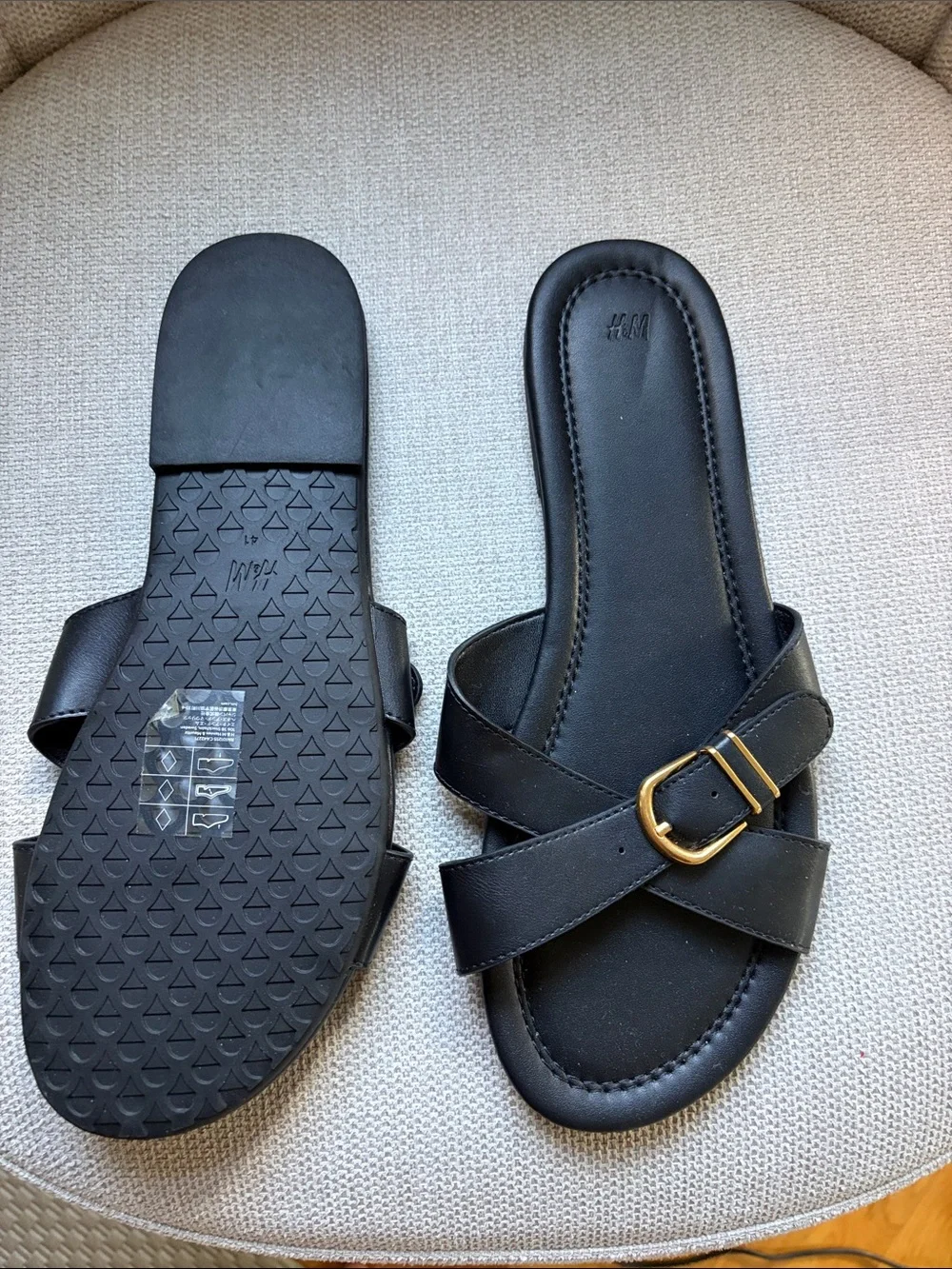 H&M Black Cross-Strap Slide Sandals with Gold Buckles